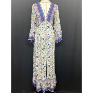 Sea Lustre Womens M/L/6-10 Grace Gown in Soiree Deep V-neck Maxi Blue Pink Boho